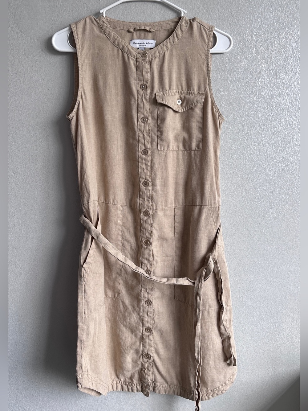 Linen Sleeveless Button-Front Dress in Beige